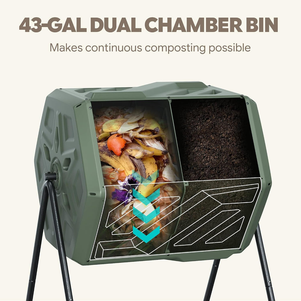 43 Gal Outdoor Compost Bin for Garden & Kitchen Waste, Grass Green | Fast Assembly, Dual Chamber with Aeration