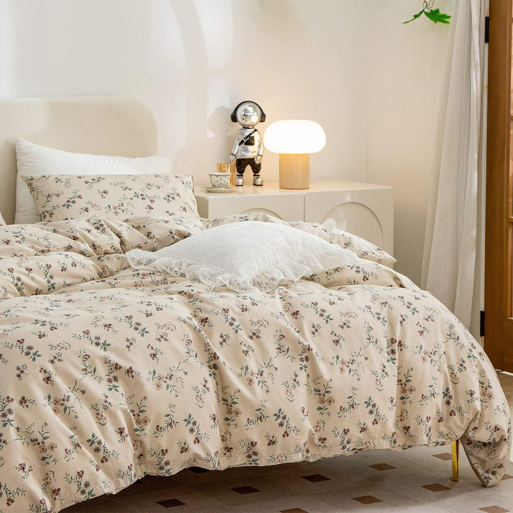 Duvet Cover Floral, Brushed Microfiber 3 Pieces Bedding Set, Garden Style Vintage Floral Duvet Cover