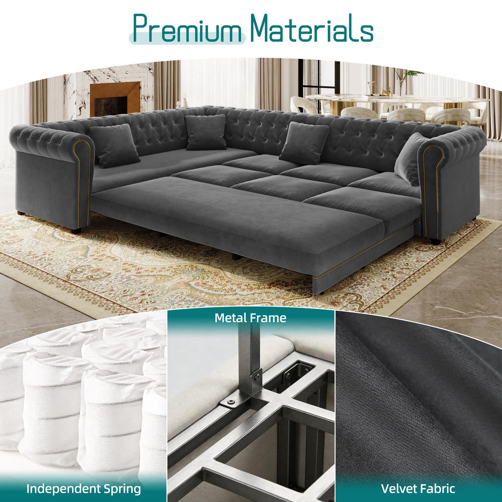 115.3" Sectional Sleeper Sofa with Pull Out Bed, Oversized Comfy Button-Tufted Velvet L Shaped Convertible Sleeper