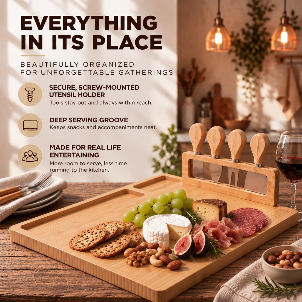 Charcuterie Board Set - 14 x 11 Cheese Board & Mounted Utensil Holder