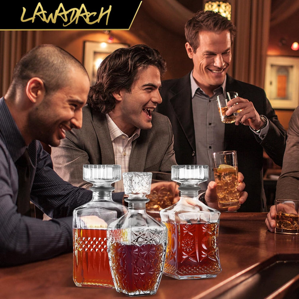 Glass Whiskey Decanter Set, Alcohol Bottle Gift for Men Dad Home Bar - Set of 3