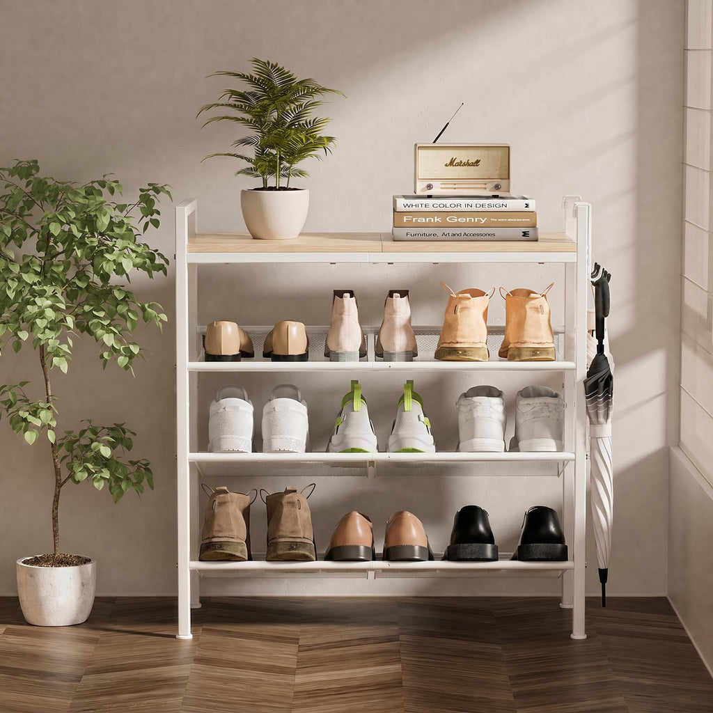 4 Tier Shoe Rack, Shoe Rack with Hook, Shoe Organizer with Adjustable Mesh Shelves, Metal Shoe Storage, Closet