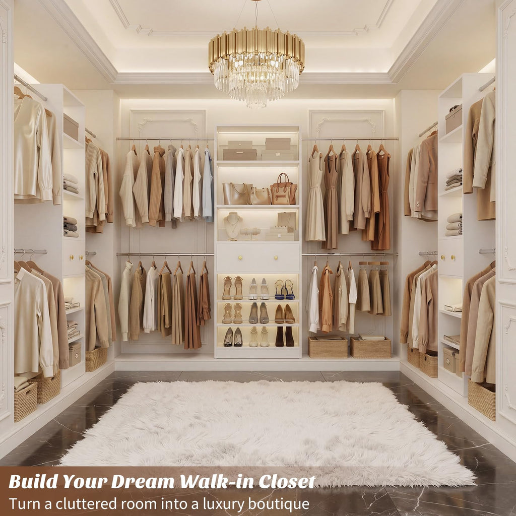 Wood Closet Organizer System - 4FT-9FT Expandable Wardrobe Closet with Drawer & 4 Hanging Rods, Heavy Duty Walk-in