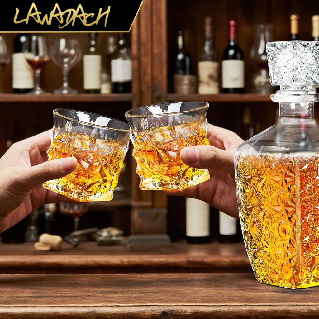 Whiskey Decanter Set with 2 Glasses, Glass Liquor Decanter 28oz - Set of 2