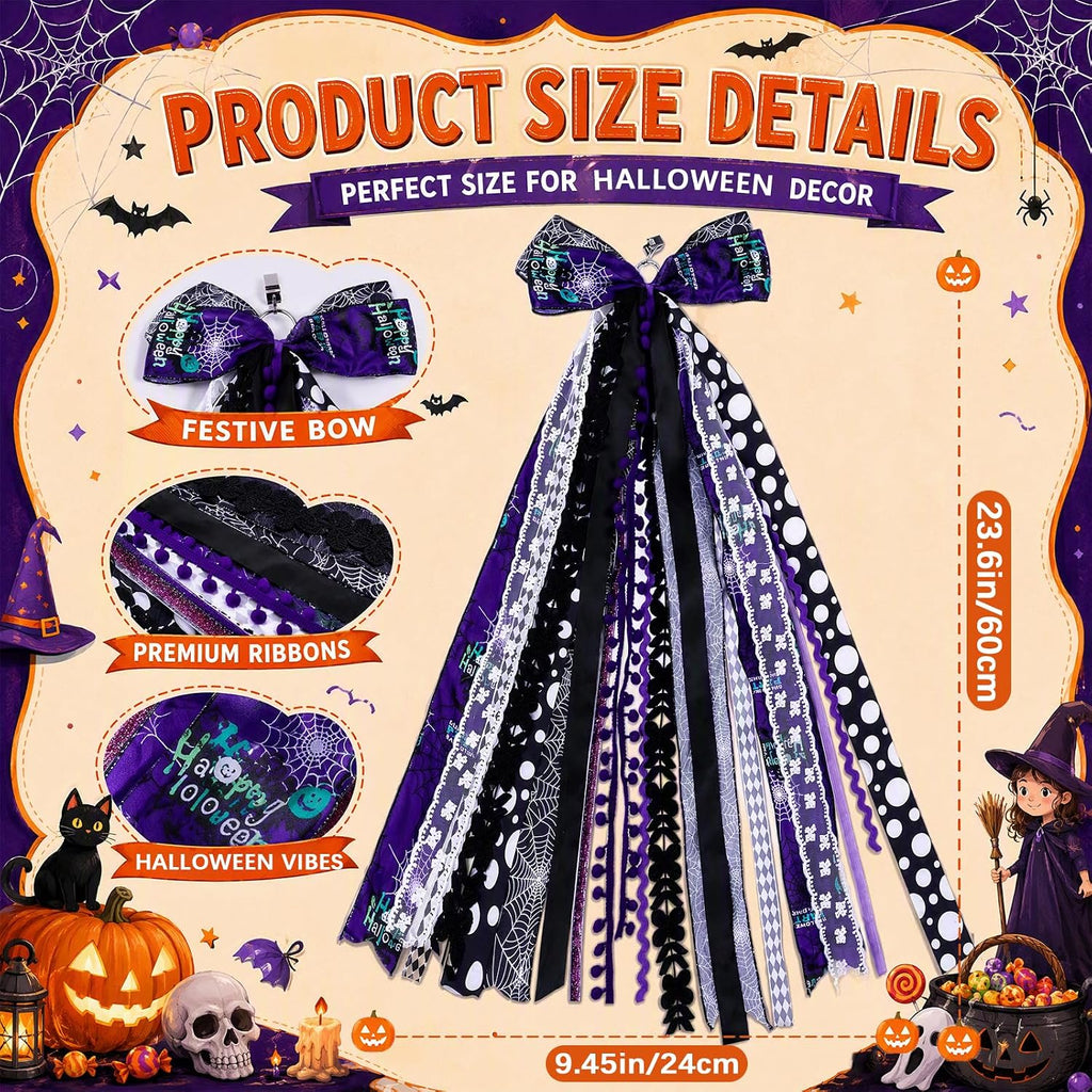 Black Purple Halloween Wreath Bow Wreath Sash for Front Door Decoration