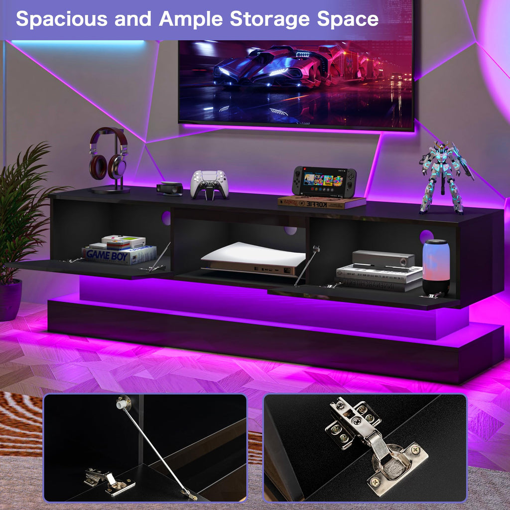 Modern Double-Layer TV Stands with Multi-Color LED Lights & Storage Drawers - High Gloss TV Entertainment Center