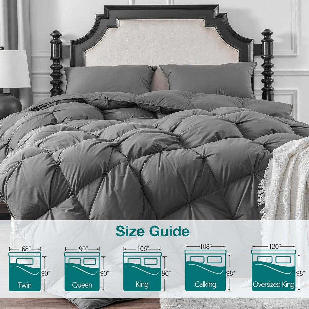 Pinch Pleat Goose Down Feathers Fiber Comforter Full/Queen All Season-Ultra Soft and Cozy Noiseless 