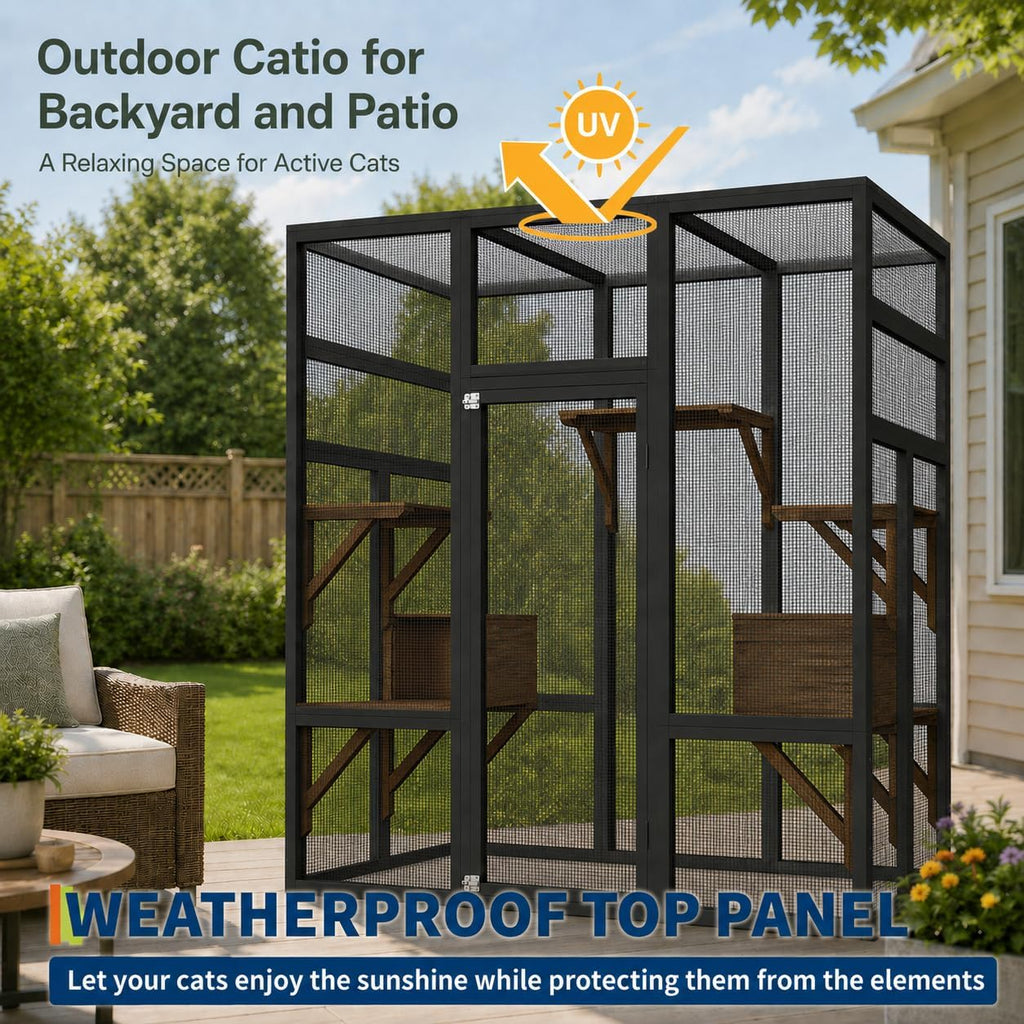 70" Catio Outdoor Cat Enclosure, Wooden Patio Cat House, Black