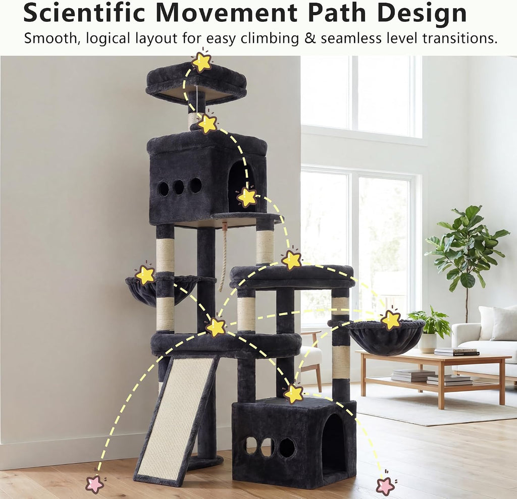 Cat Tree 72.4-Inch Anti-Tip Cat Tower with Spacious Perches