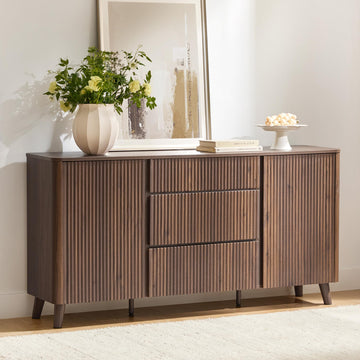 62" Fluted Sideboard Buffet Cabinet with 3 Drawers, Walnut