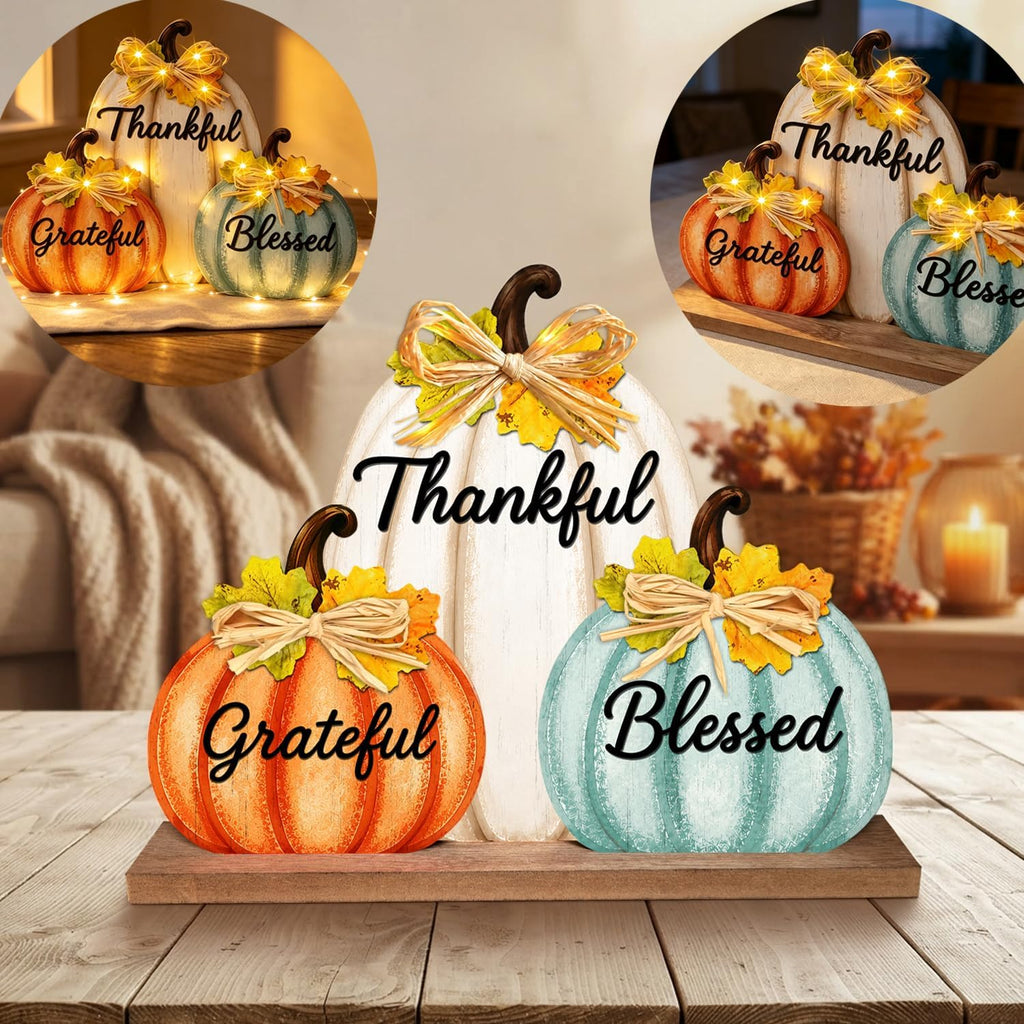 Fall Pumpkin Decor with LED Lights, Wooden Thanksgiving Table Sign "Blessed Grateful Thankful", Rustic Harvest Home - Set of 3