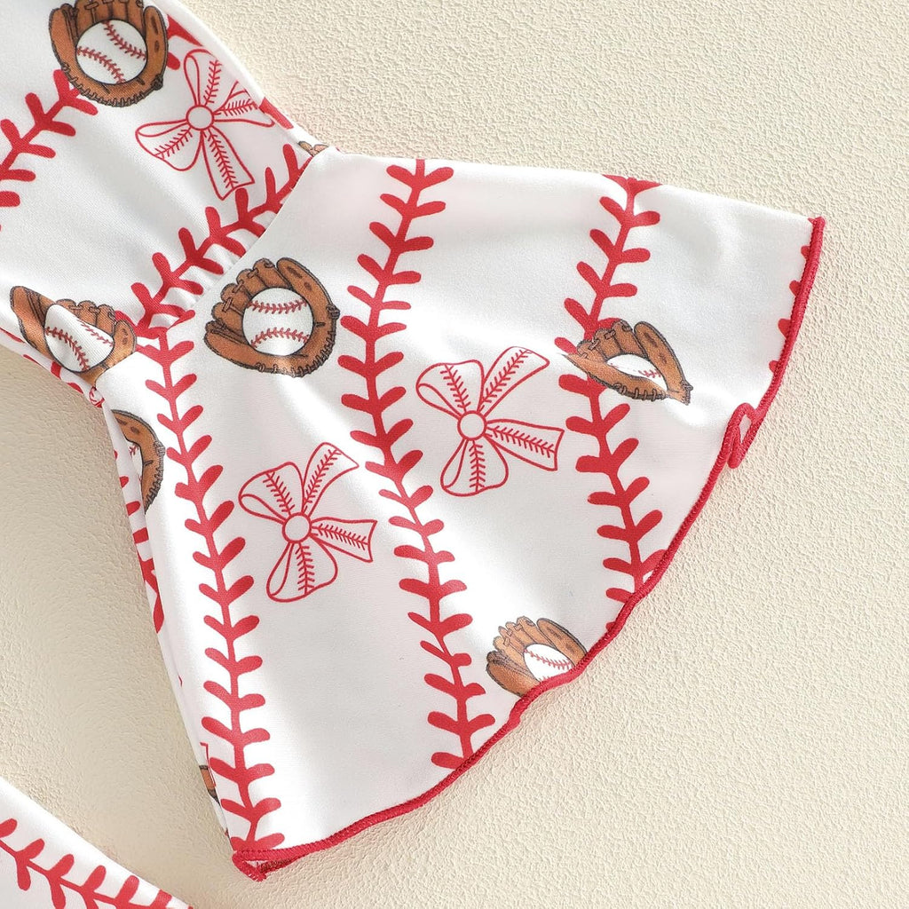 Toddler Baby Girl Baseball Outfits Short Flutter Sleeves T-Shirt Pullover Tops Stripes Bows Flared Pants 2Pcs Clothes