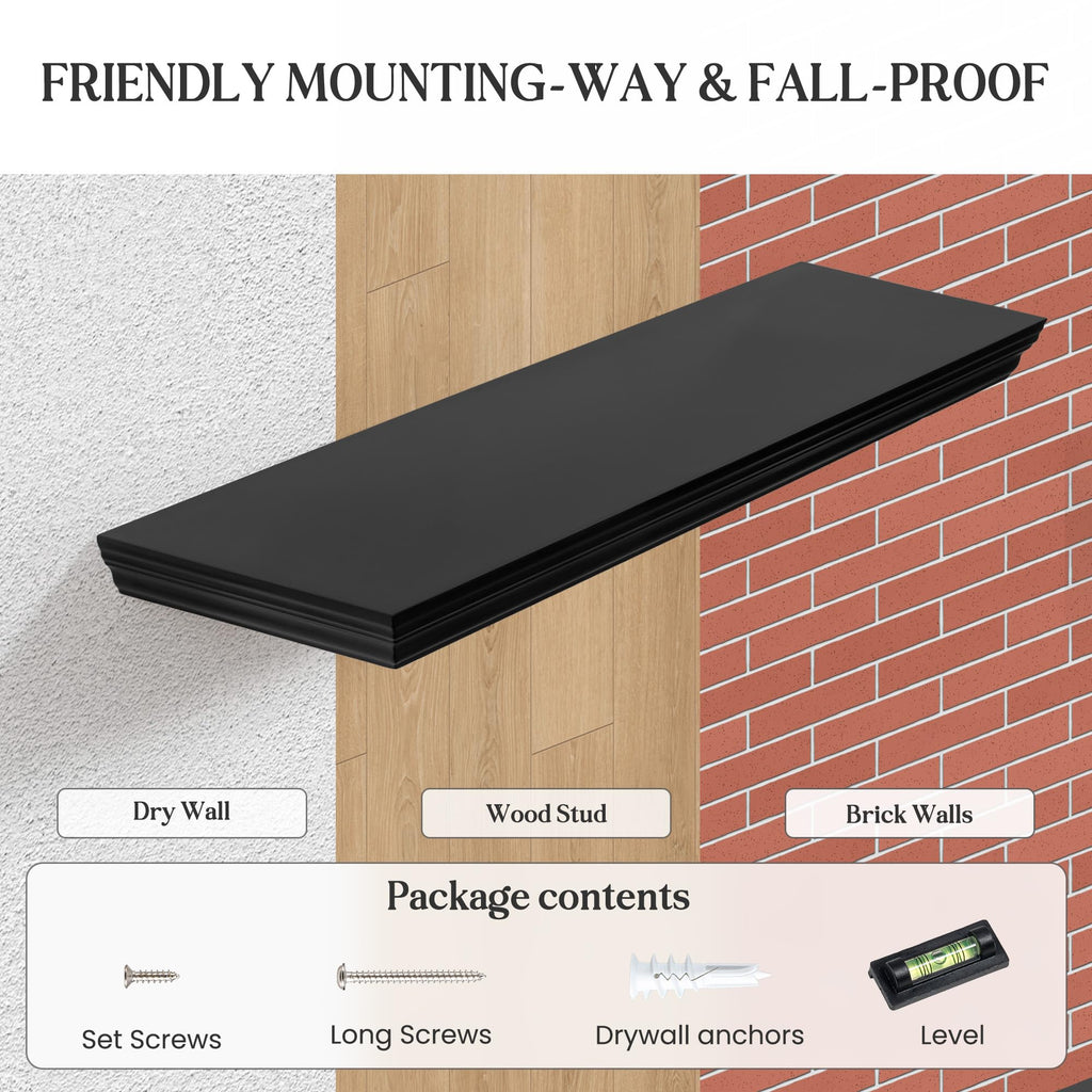 Floating Shelves, Black, 16 Inch Long, 9.3 Inch Deep, 2 Pack