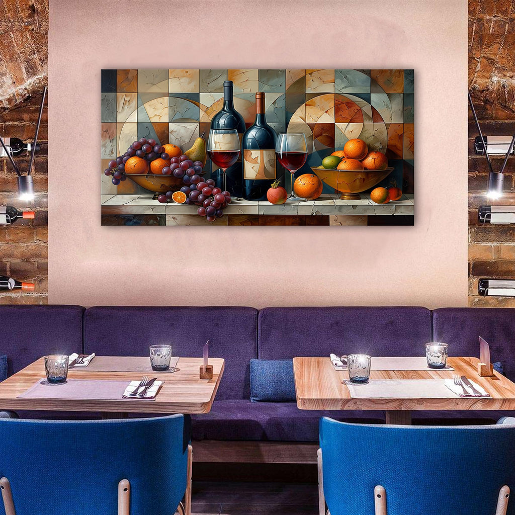 Geometric Kitchen Wall Art Abstract Wine Canvas Prints Red Wine Glass and Fruit Pictures Rustic Farmhouse Still Life
