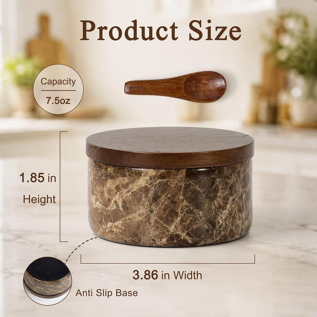 Marble Salt Cellar with Acacia Wood Lid & Spoon Brown 4" salt container