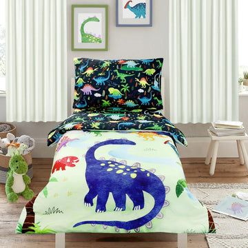 4 Piece Toddler Bedding Set, Ultra Soft and Breathable Cartoon Dinosaur Toddler Comforter Sets for Boys Includes