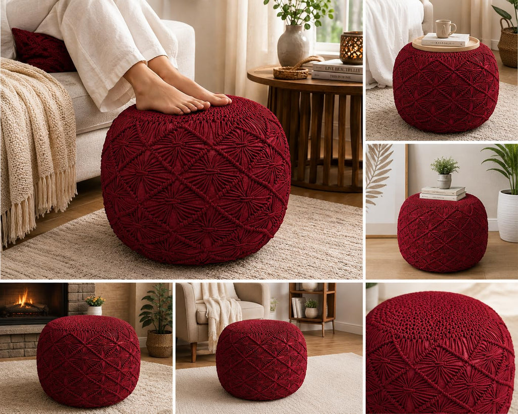 Macrame Pouf Ottoman 20x20x14 Red Handwoven Dori Footrest Stool