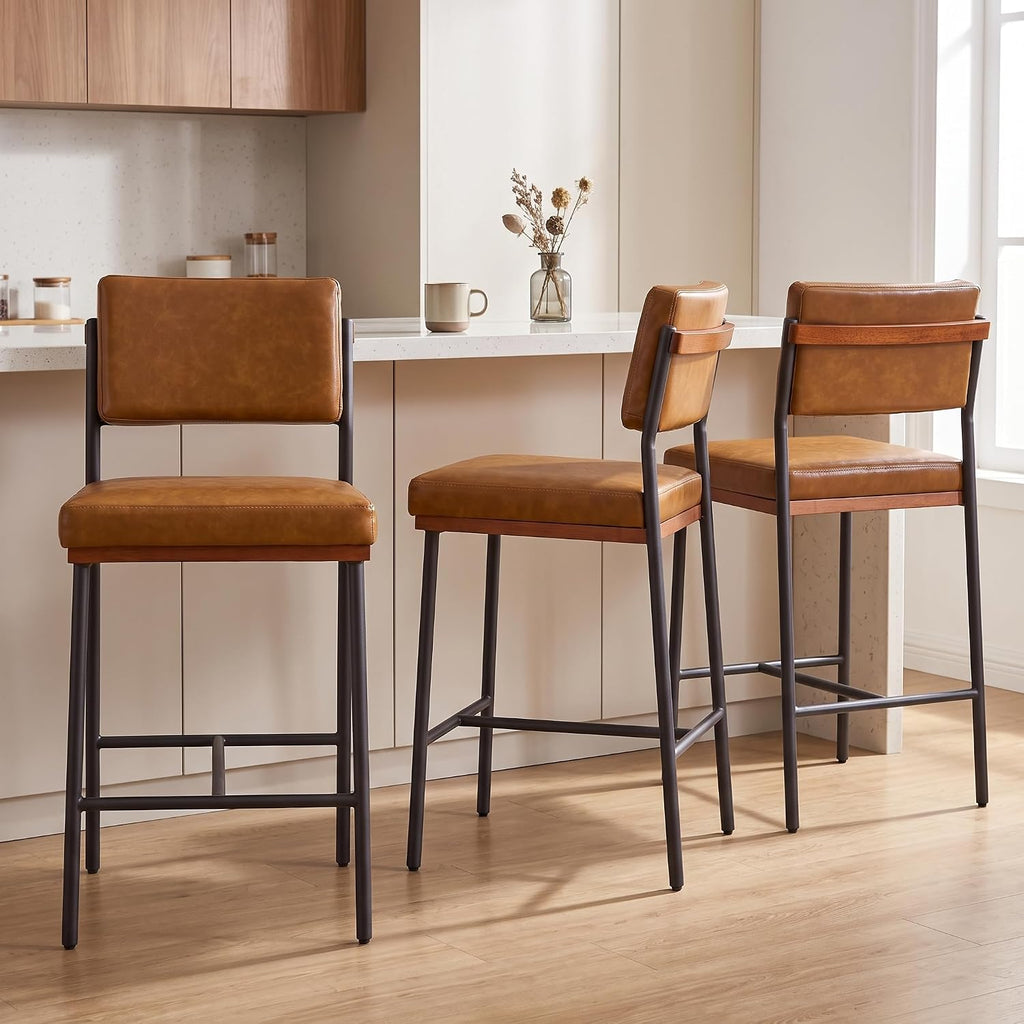 Faux Leather Bar Stools Set of 3,26 Inch Modern Counter Height Bar Stools Island,Counter Stools with Wide Back Sturdy