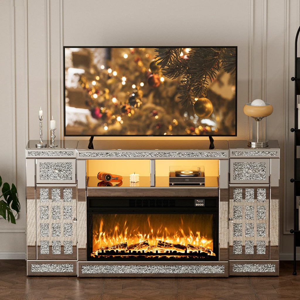 Mirrored Fireplace TV Stand with LED, Drawers, Cabinets & Shelves