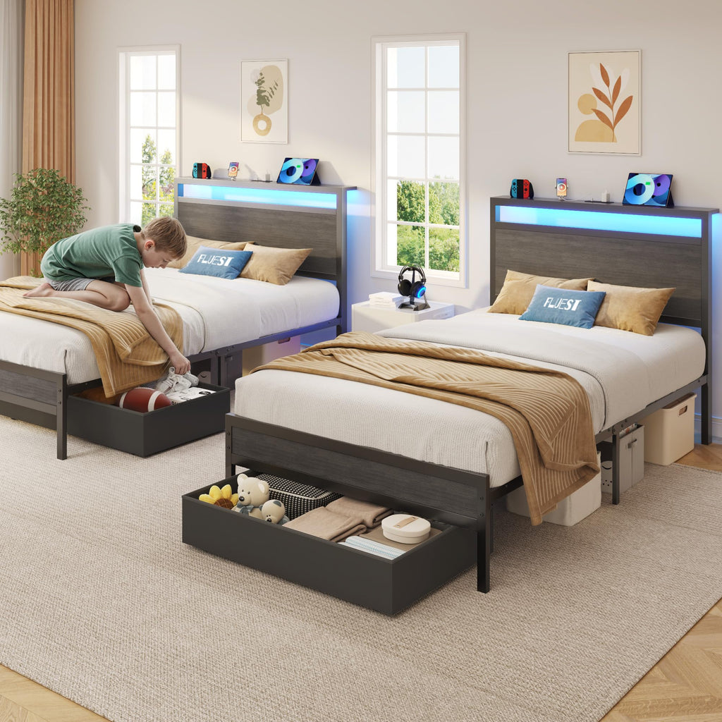 Bed Frame, Bed Frame with Storage Headboard & Storage Drawer, Charging Station & LED Light, No Box Spring