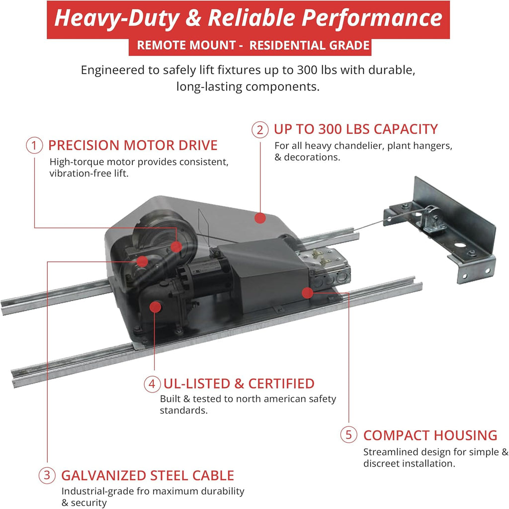 300 lb Motorized Chandelier Lift System with Remote Control, Residential Grade, Remote Mount – Mid-Capacity