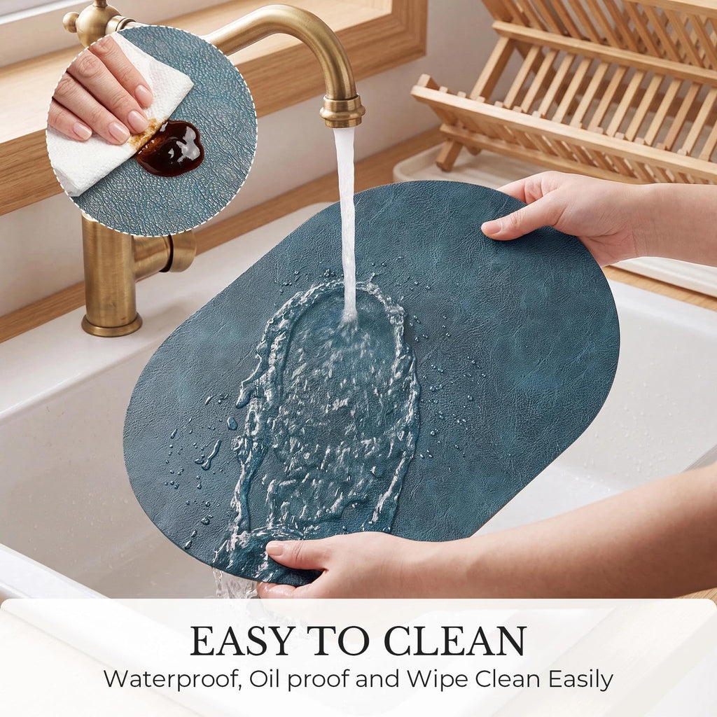 Vinyl Faux Leather Oval Placemats, Set of 4, Navy Blue