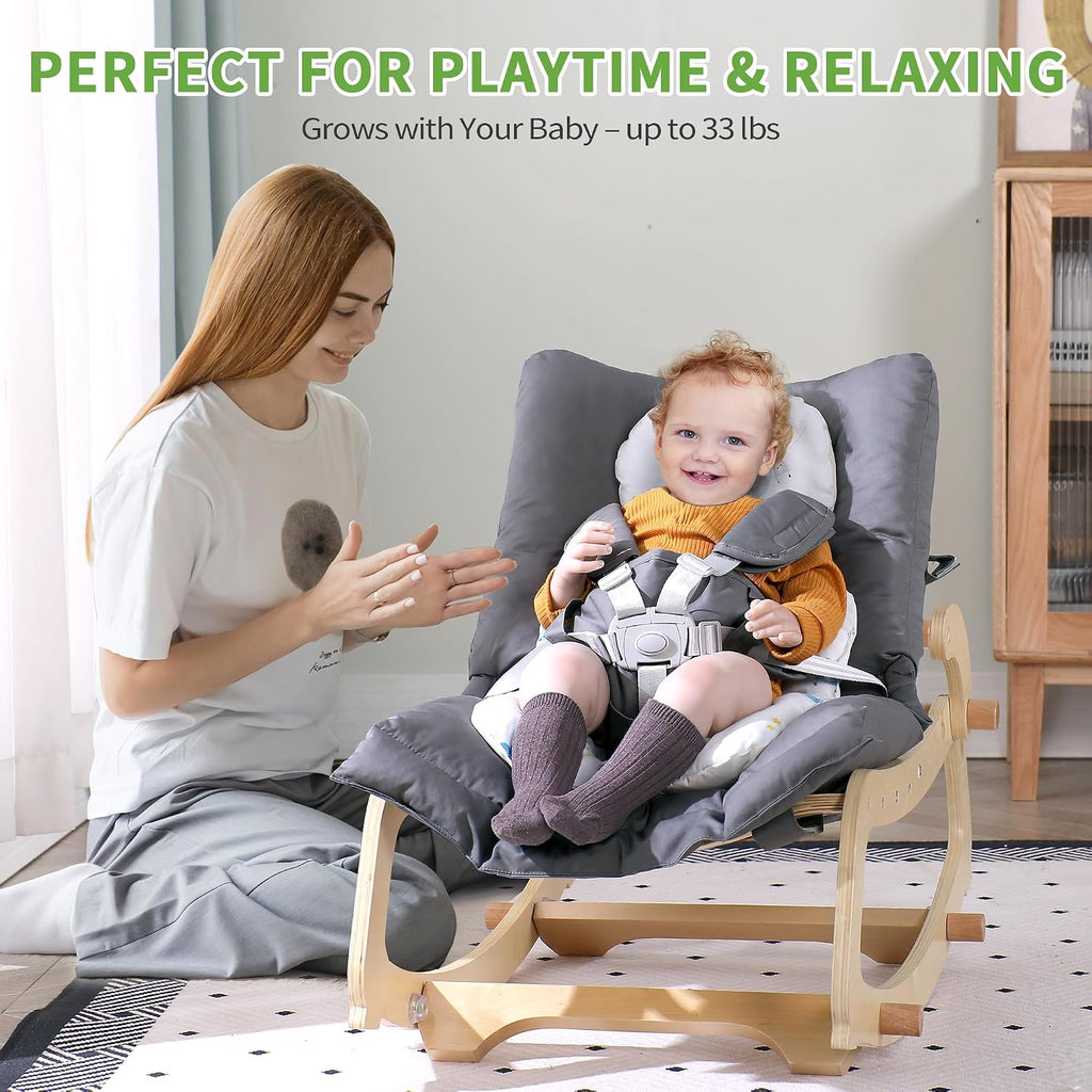 In-1 Baby Rocker Chair with Double Cushions, for 0-12 Months, Adjustable Wooden Infant Rocker with Removable