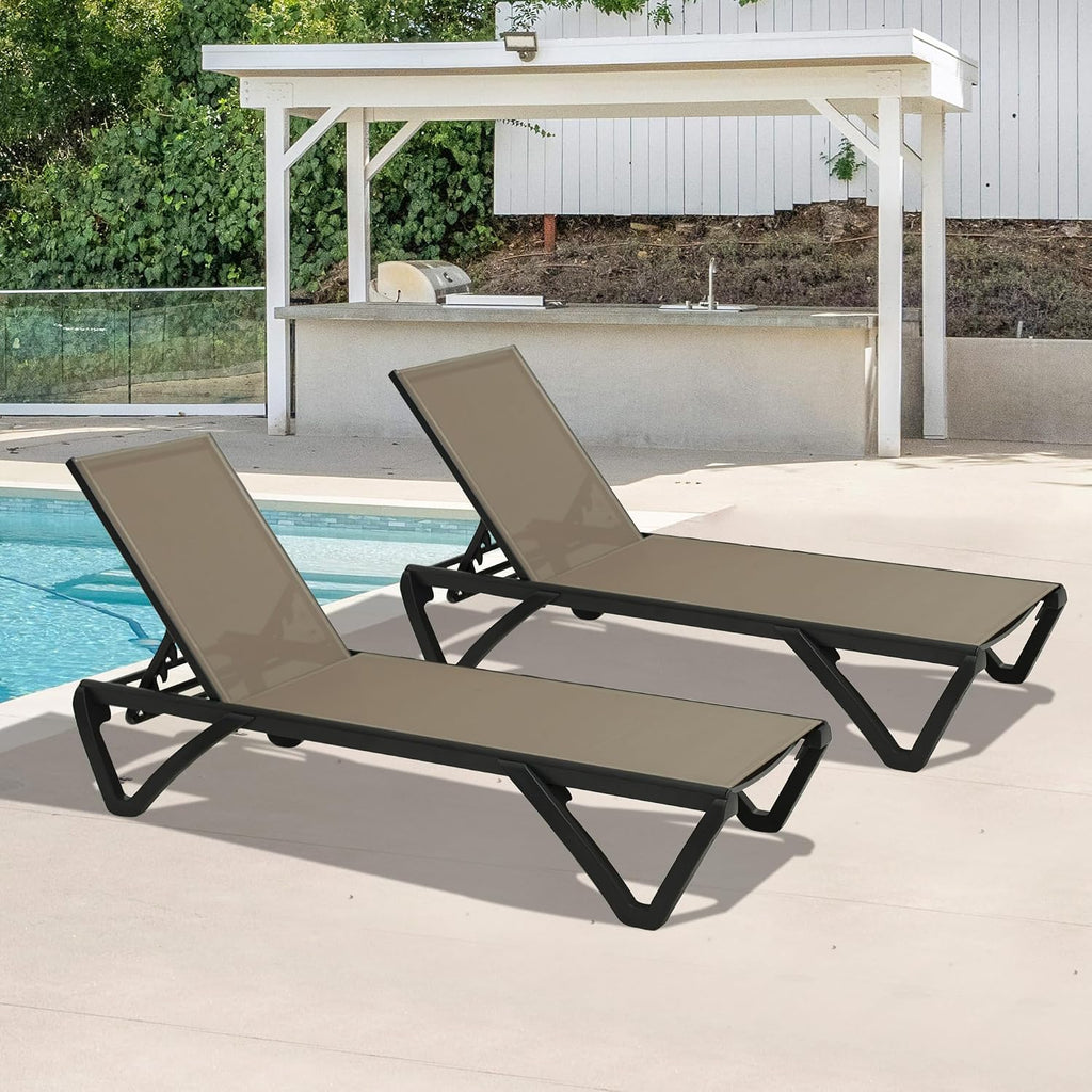 Pool Lounge Chairs Set of 2, Aluminum Patio Chaise Lounge with Wheels, 5 Position Adjustable, All Weather
