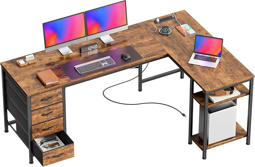 63 Inch L Shaped Desk with Fabric Drawers, Computer Office Desk with Power Outlets and USB-C Port