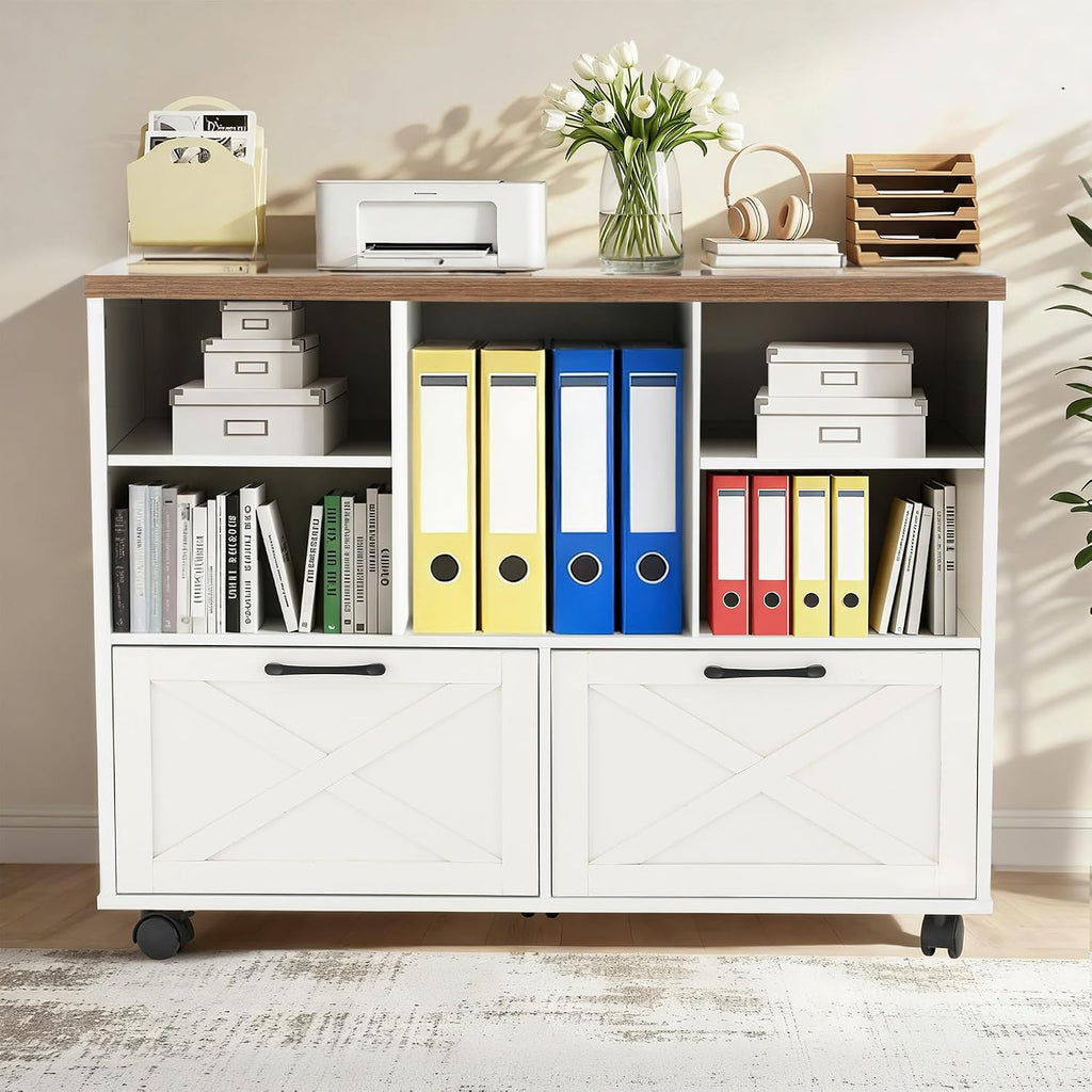 39.3" Lateral File Cabinet with Wheels, Farmhouse Wood File Cabinet with Drawers, Small Home Office File Cabinet with