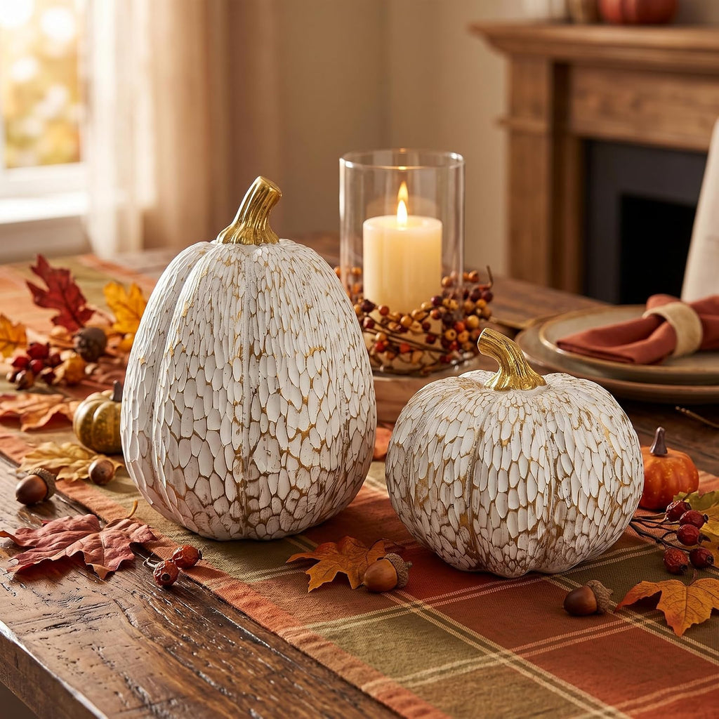 White and Gold Fall Pumpkin Decor, Small Decorative Thanksgiving Pumpkins - Set of 2