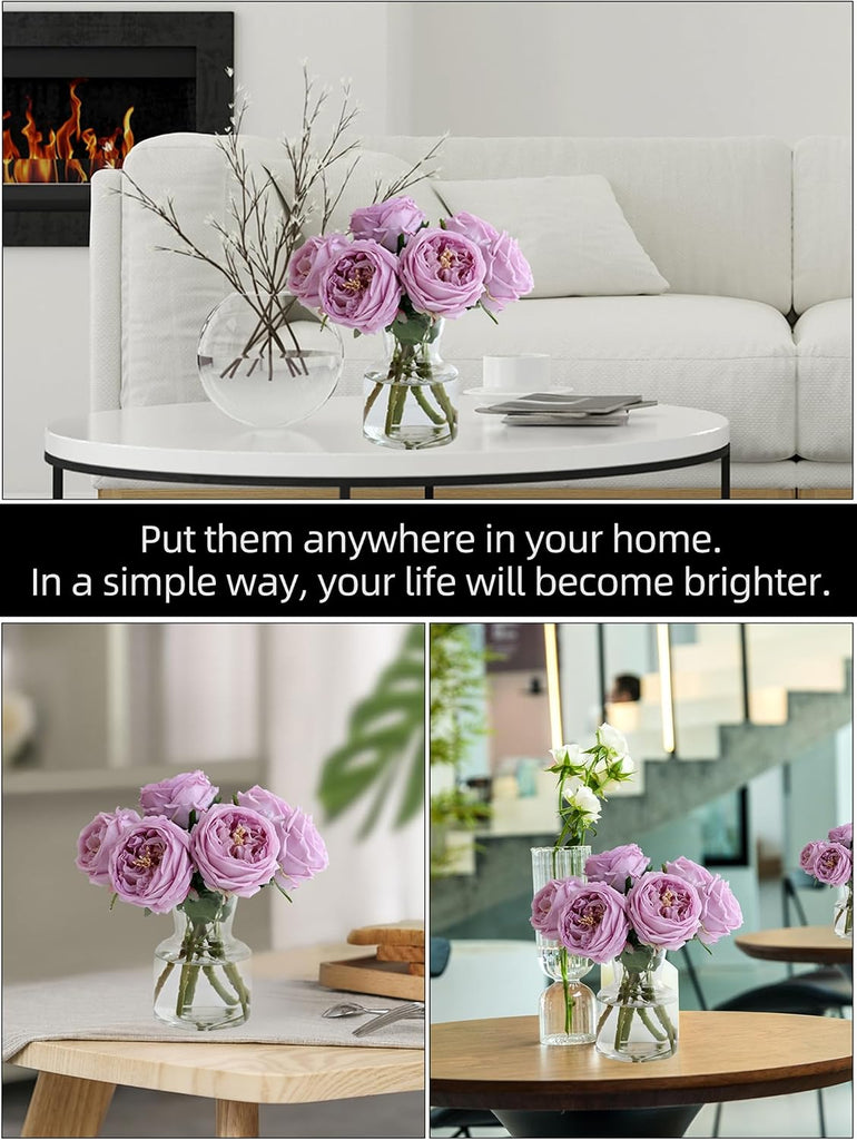 Purple Fake Peonies with Vase, Real Touch Peony Floral Arrangement Decor - Set of 6
