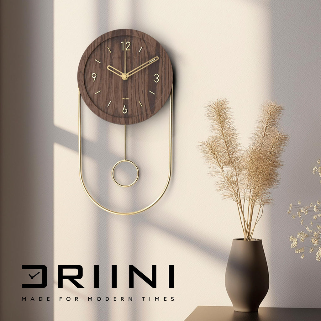 Small Unique Oval Wood Pendulum Wall Clock - Modern Walnut and Gold