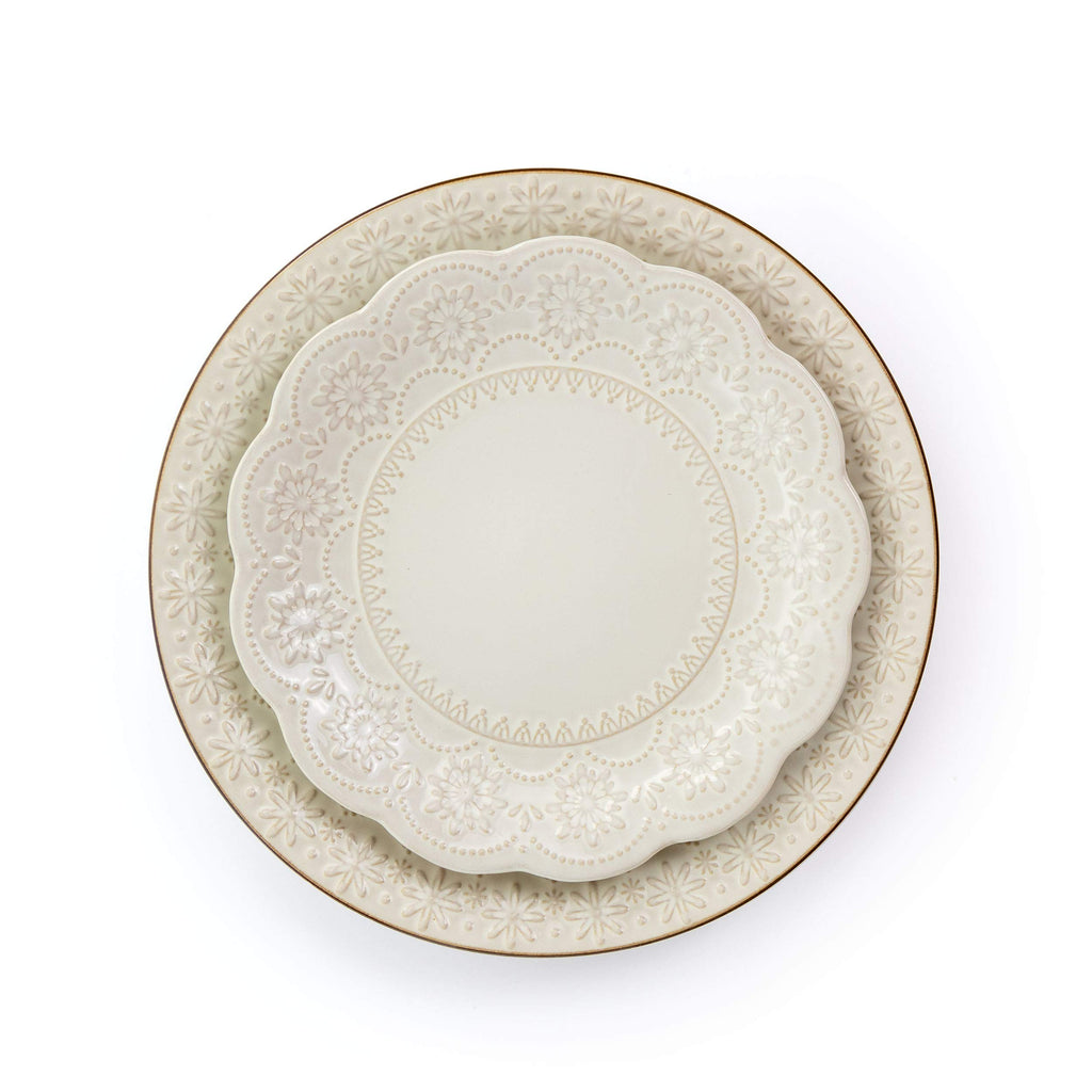 Embossed Scalloped Stoneware Dinnerware Dish Set, 16 Piece, Ivory