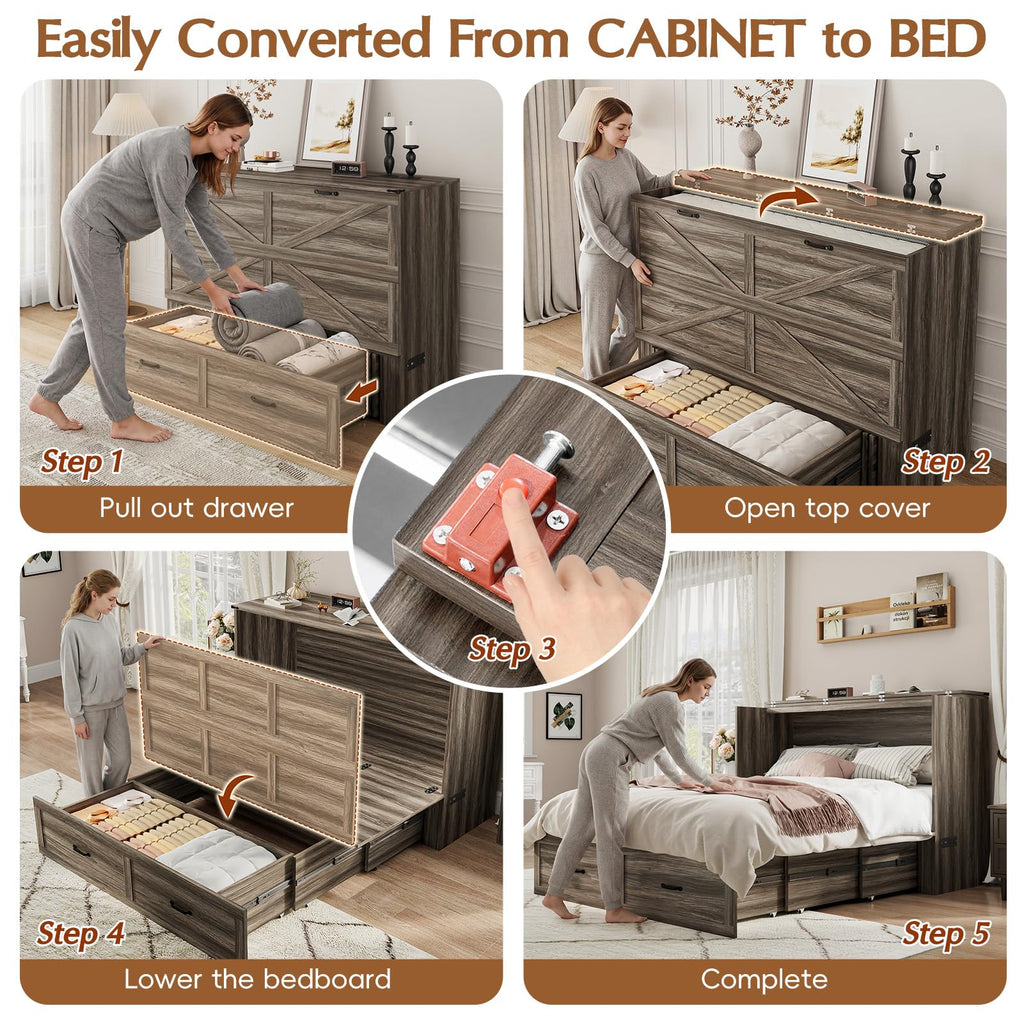 Full Size Farmhouse Murphy Bed with Drawer&Charging Station, Grey