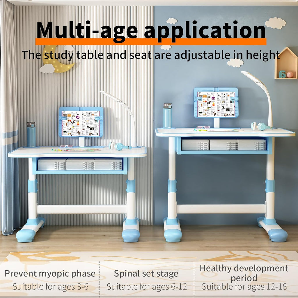 Kids Desk and Chair Set Adjustable Height, Toddler Study Table Kids Table and Chairs with Storage and Drawers