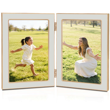 4x6 Double Picture Frame with White Enamel Finish, Gold Edge Metal Hinged Photo Frames, Real Glass Front Velvet Back