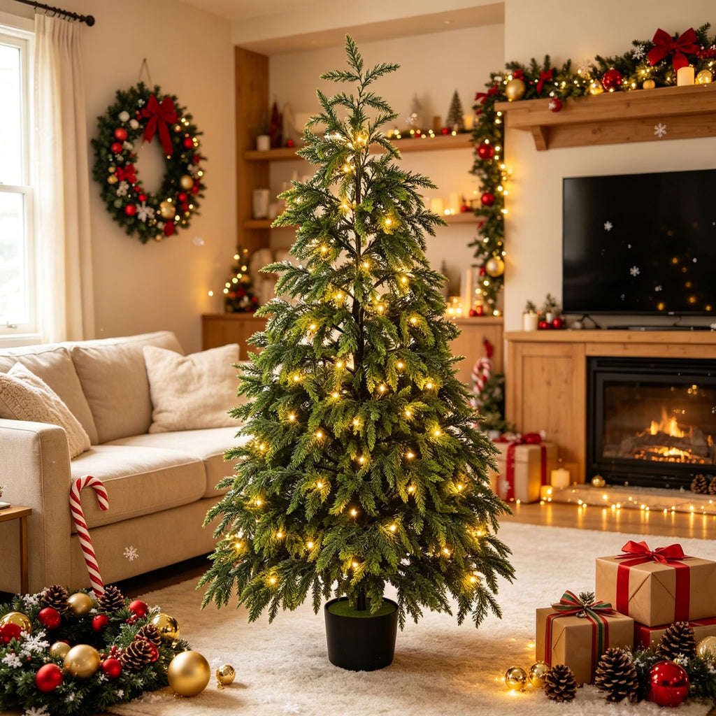 5FT Cedar Christmas Tree with Lights Artificial Potted Tree