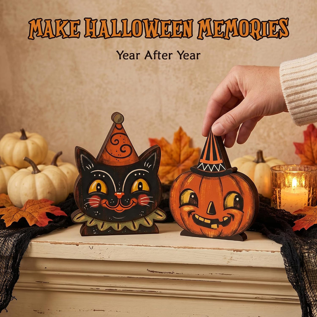 Wooden Halloween Decor Small Halloween Signs Indoor Decor Black Cat Pumpkin - Set of 3