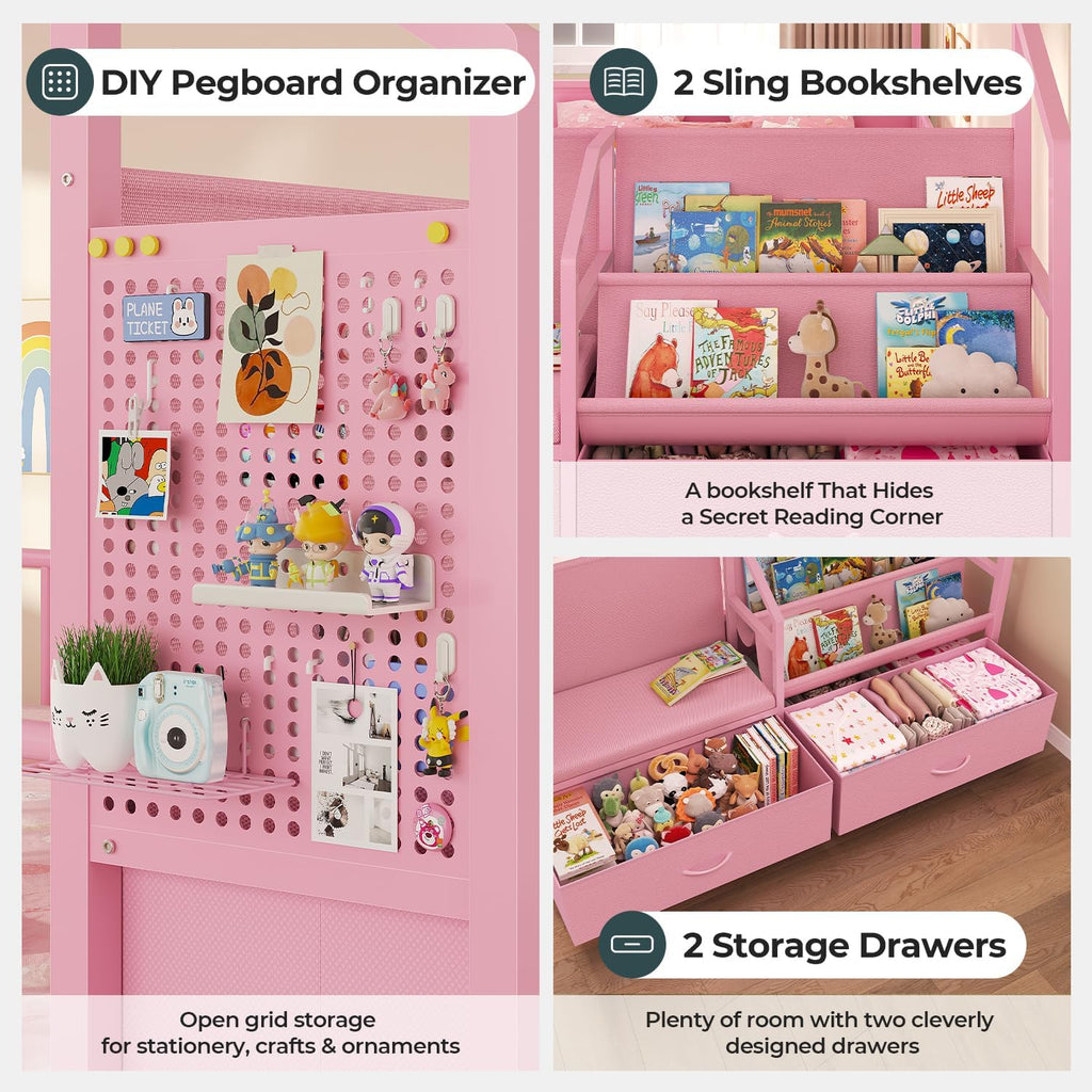 Montessori Full Size Floor Bed, Safety Guardrails, Reading Nook, Pink | House Shape, Wide Soft Padded Seat, Sling