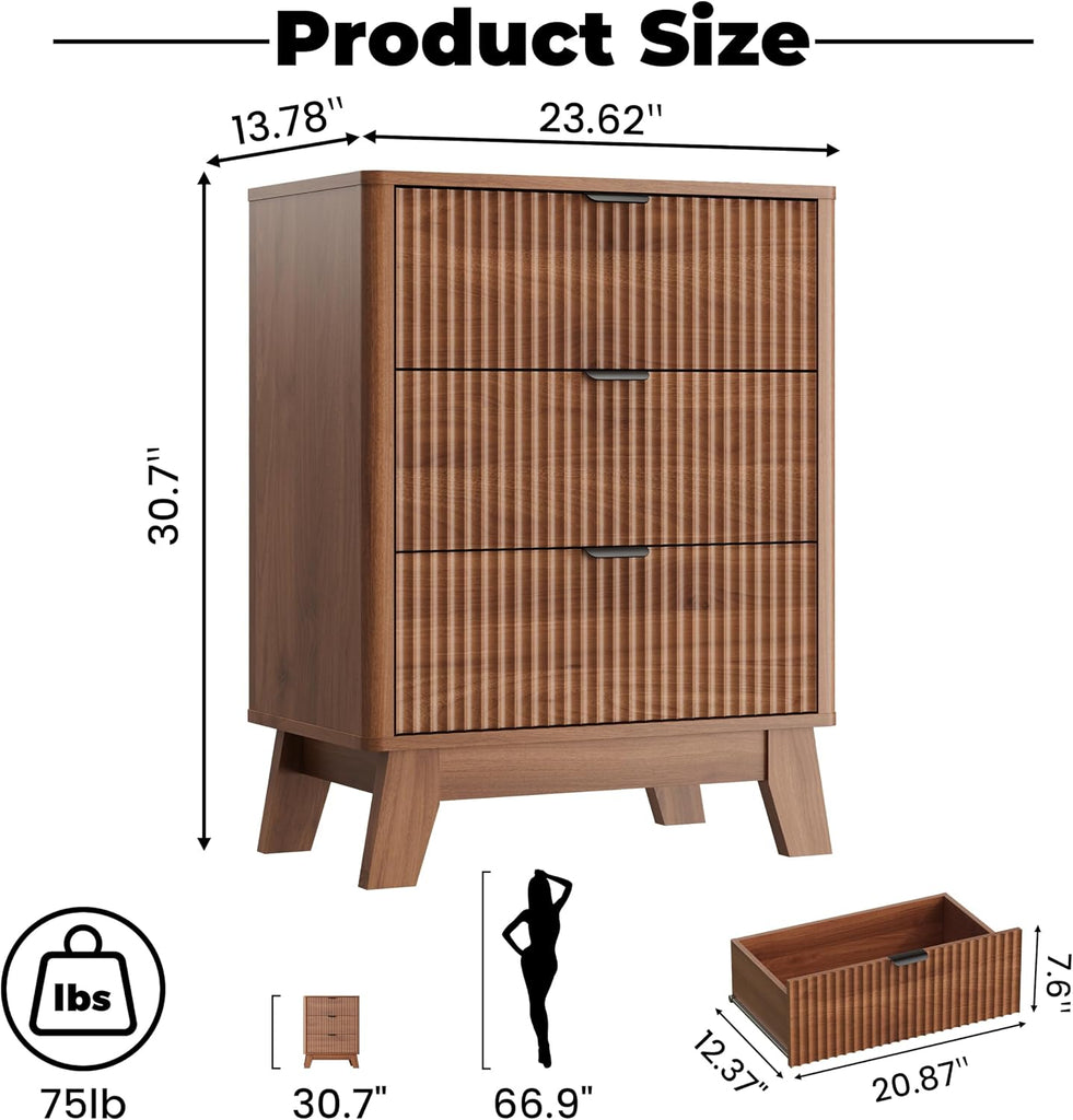 Walnut Nightstand with 3 Drawers, Mid Century Modern Wooden Bedroom Nightstand, Bedside Table & End Table with Metal
