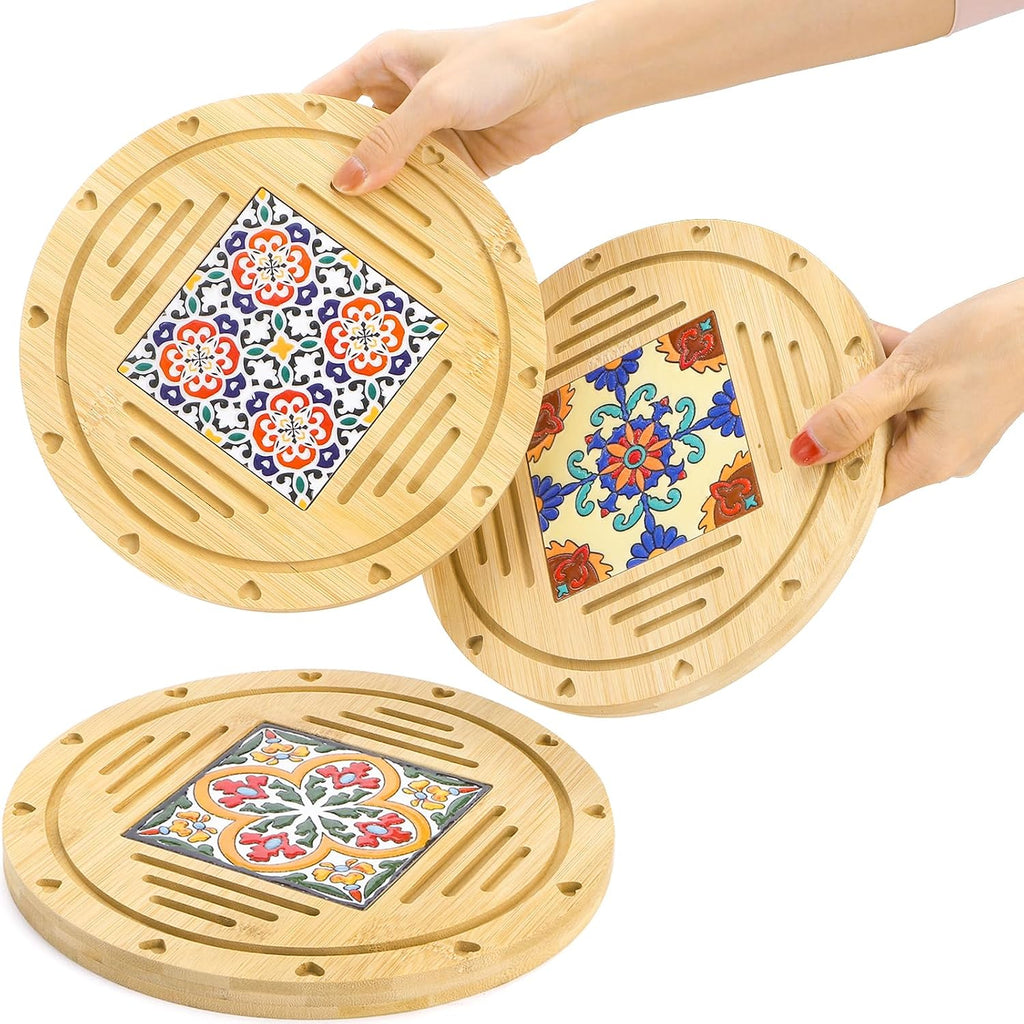Wooden Round Trivets for Hot Dishes, 8.6 Inch Heat Resistant Pots and Pans Tea Pot Holders, Non-Slip Coasters - Set of 3