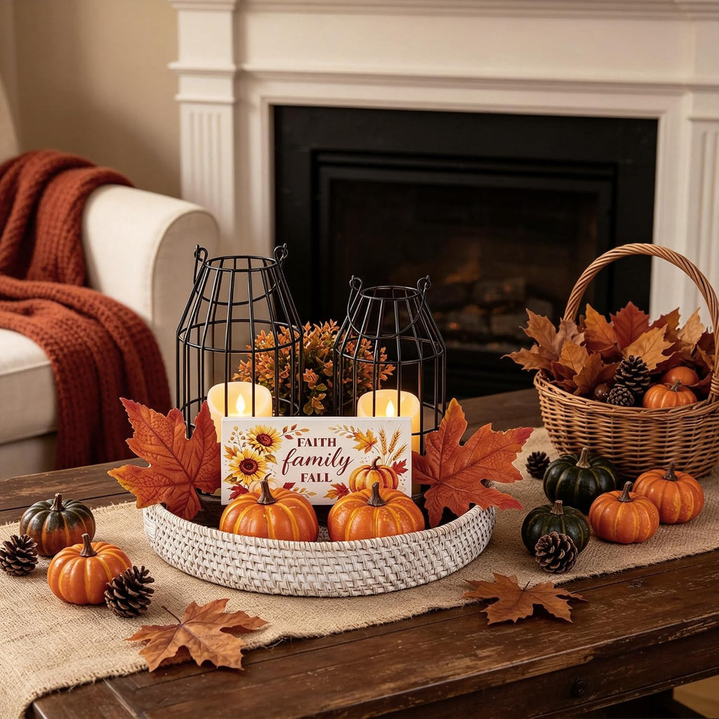 Rustic Farmhouse Lanterns Set Fall Decor for Dining Table Centerpieces | Set of 9 Artificial Maple Leaves, Autumn