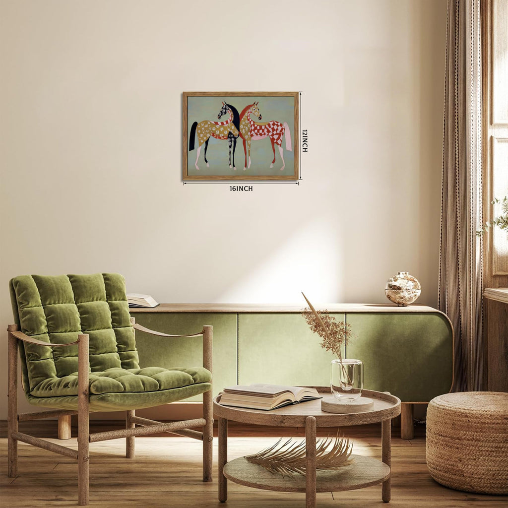 Framed Vintage Horse Canvas Wall Art, Abstract Two Patterned Horses Print, Geometric Equestrian Animal Artwork
