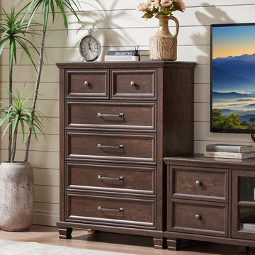 Farmhouse 6 Drawer Dresser, 45 Inch Tall Vintage Wood Chest of Drawers, Mid-Century Dressers w/Square Wooden Legs
