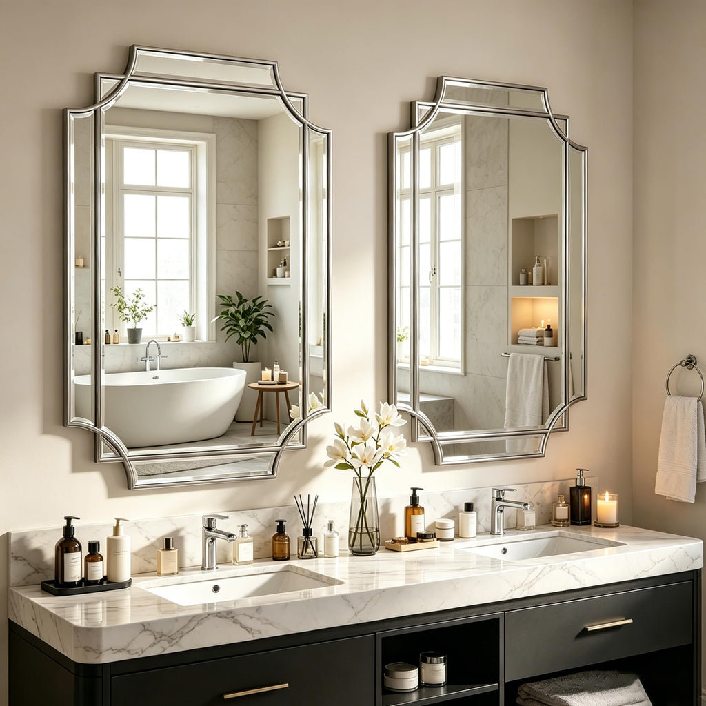 36"x24" Geometric Decorative Beveled Mirror with Silver Wood Frame