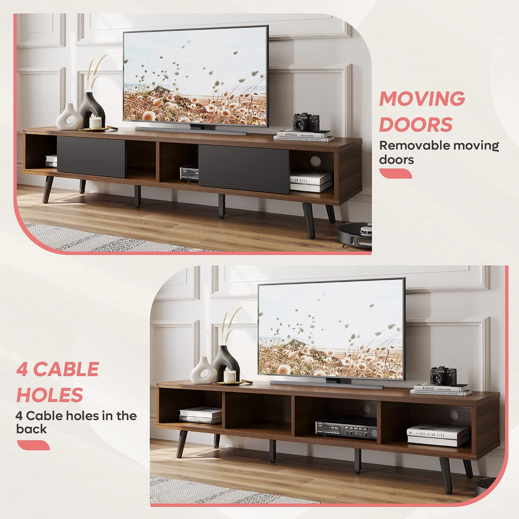 70 inch Mid Century Modern TV Stand for 75 inch TV, Low Profile TV Stand with Storage, Entertainment Center for