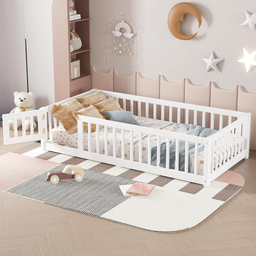 Twin Size Montessori Bed with High Fence and Guardrail, Solid Wood Floor Bed Frame for Kids Boys Girls, White