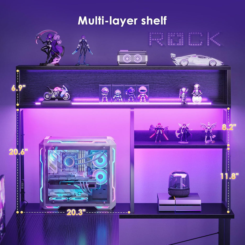 51 Inch L Shaped Gaming Desk with Display Shelves, LED Lights, Black | PC Tower Display Shelf, Display Hutch, Hanging
