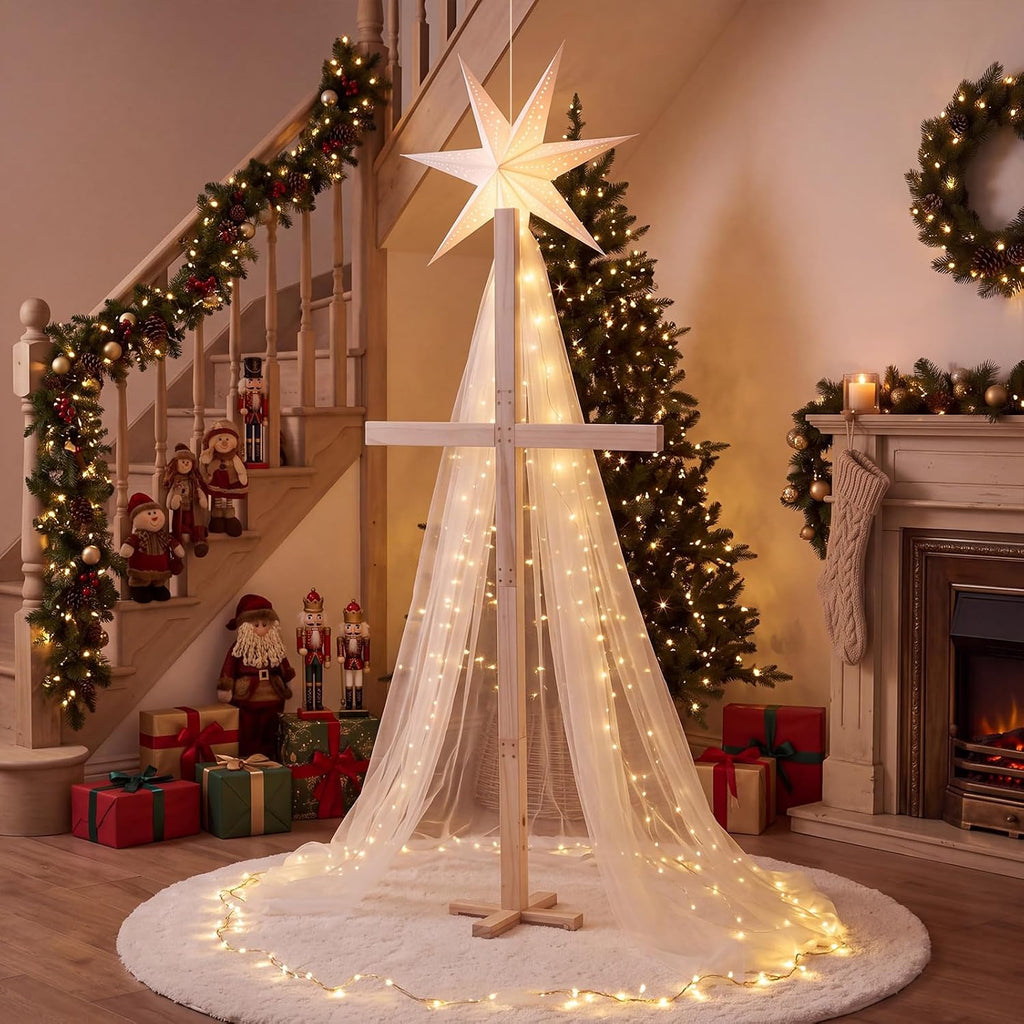 5 Pcs Lighted Christmas Nativity Scene Decorations Set with 5.09Ft Wooden Cross Bethlehem Star Gauze Curtain LED